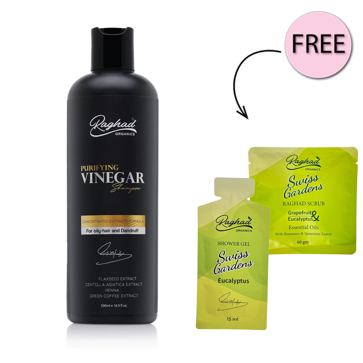 Raghad Organics Purifying Vinegar Shampoo 500ml + Free Swiss Gardens Scrub 40g + Free Swiss Gardens Shower Gel 15ml
